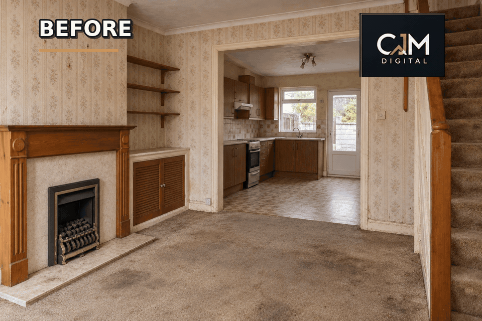 Animated before-and-after example of a dated property transformed into a modern renovated home